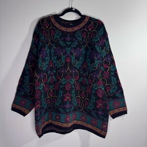 Vintage Lands’ End Floral Tapestry Sweater L Jewel Tone Knit